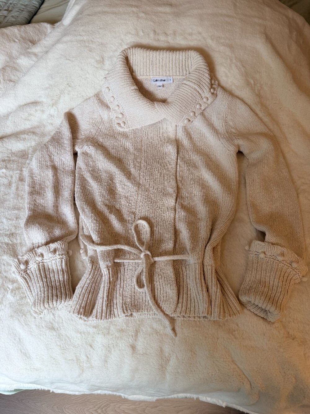 Calvin Klein Chunky Knit Tie-Front Cardigan Pom Pom Collar/cuffs Cream Small